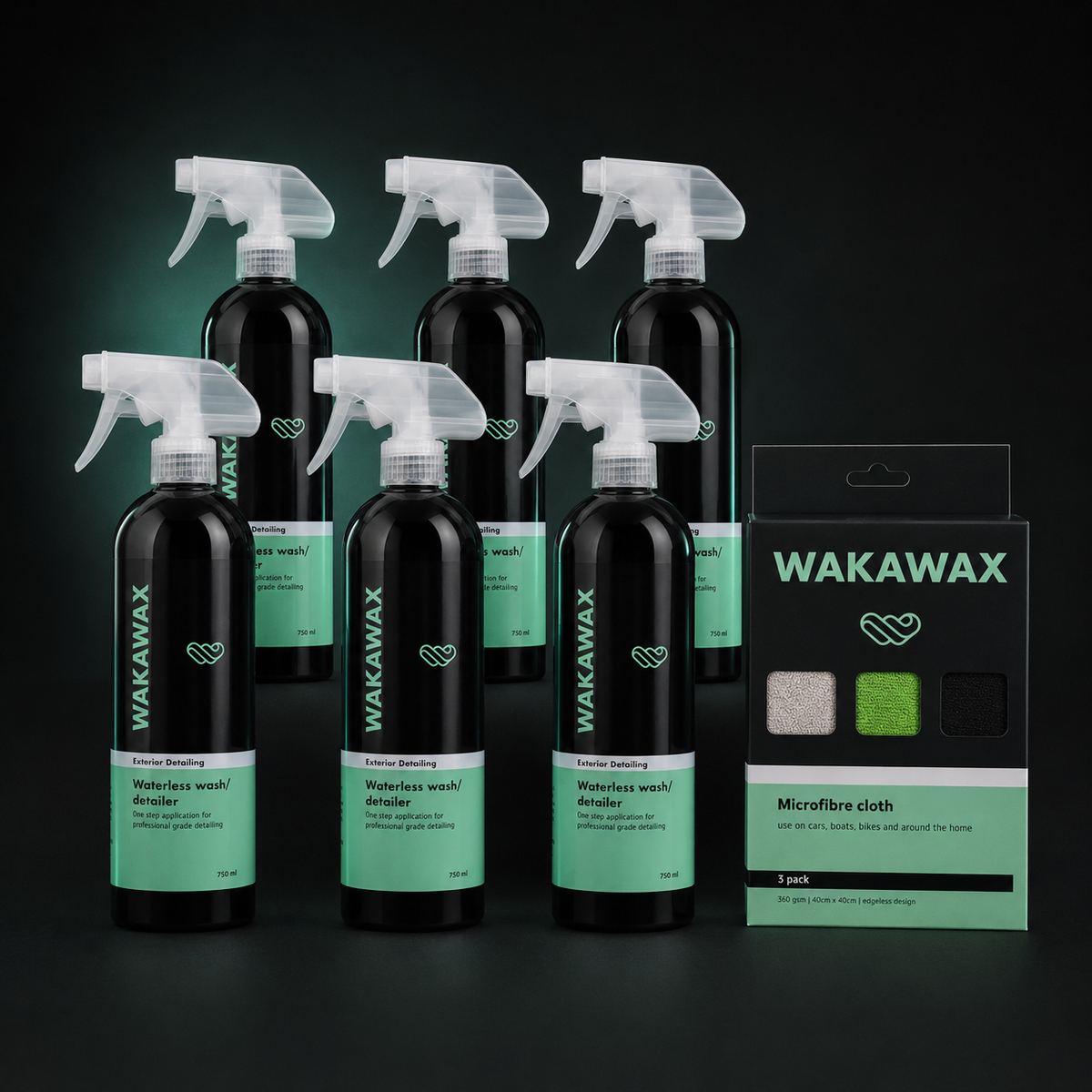 WakaWax waterless car wash value pack with six 750ml bottles and microfibre cloths