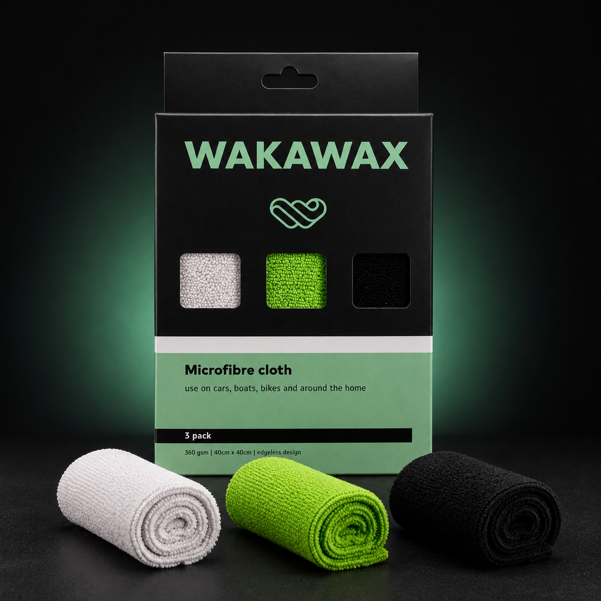WakaWax premium microfibre car detailing cloths in a three-pack