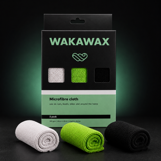 WakaWax premium microfibre car detailing cloths in a three-pack