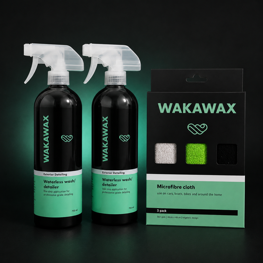 WakaWax waterless car wash bundle with two 750ml bottles and microfibre cloths