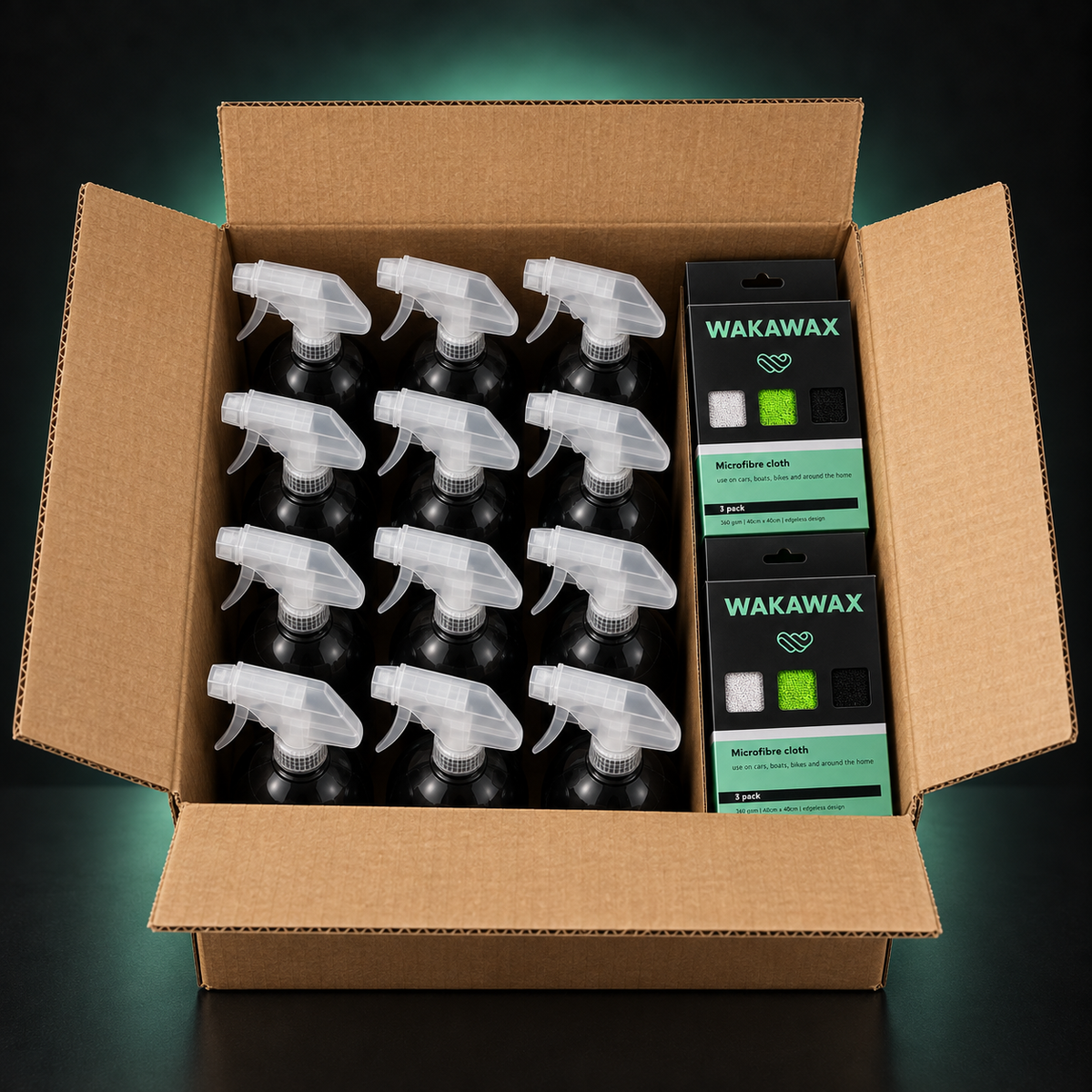 WakaWax Business Box contents, twelve 750ml bottles of waterless car wash and two microfibre cloth three-packs