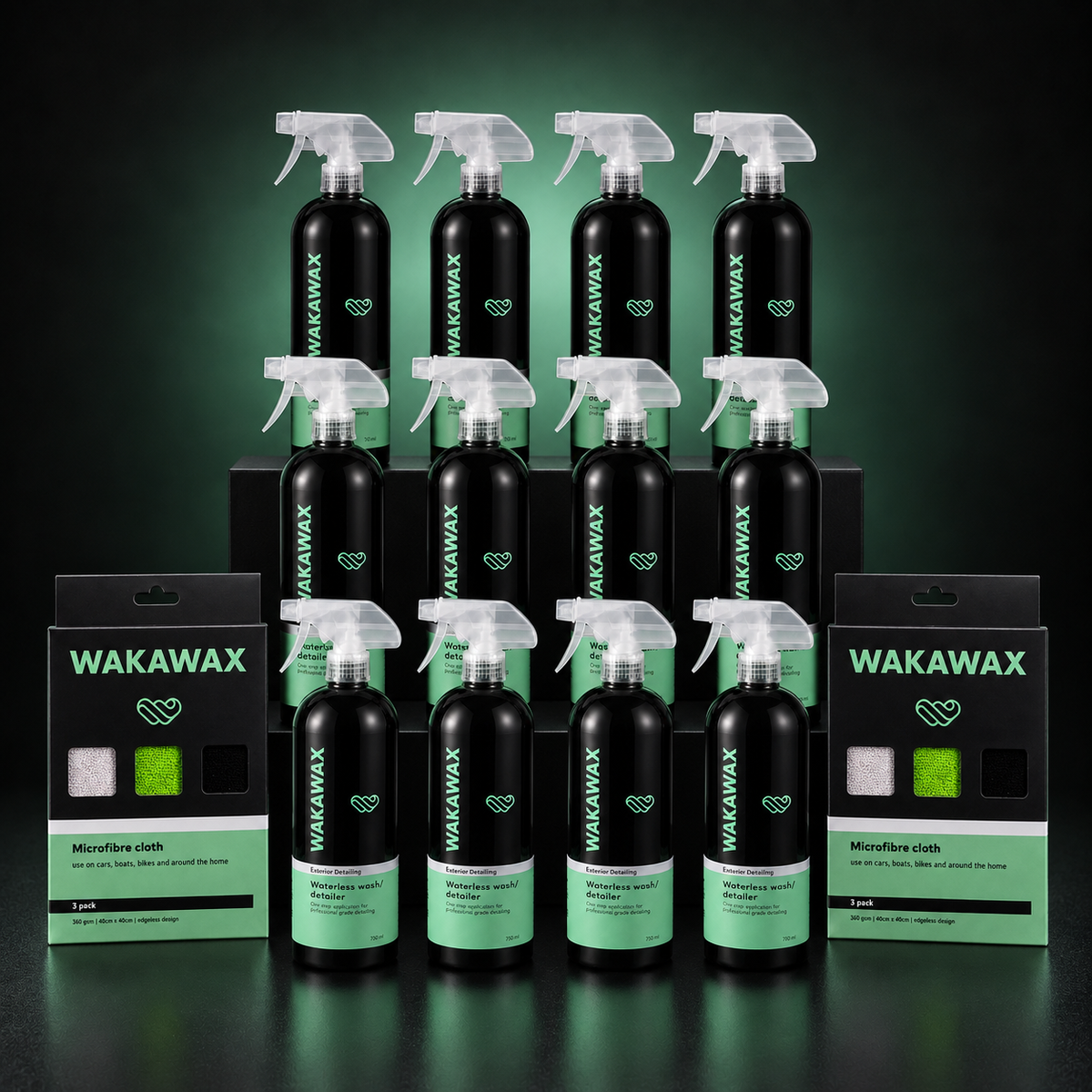 WakaWax Business Box contents, twelve 750ml bottles of waterless car wash and two microfibre cloth three-packs