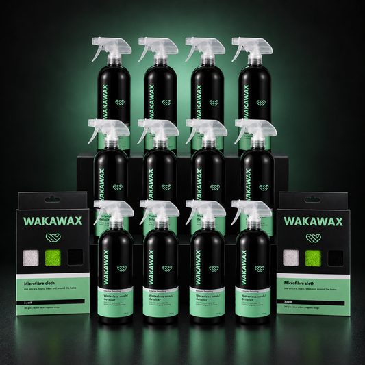 WakaWax Business Box contents, twelve 750ml bottles of waterless car wash and two microfibre cloth three-packs