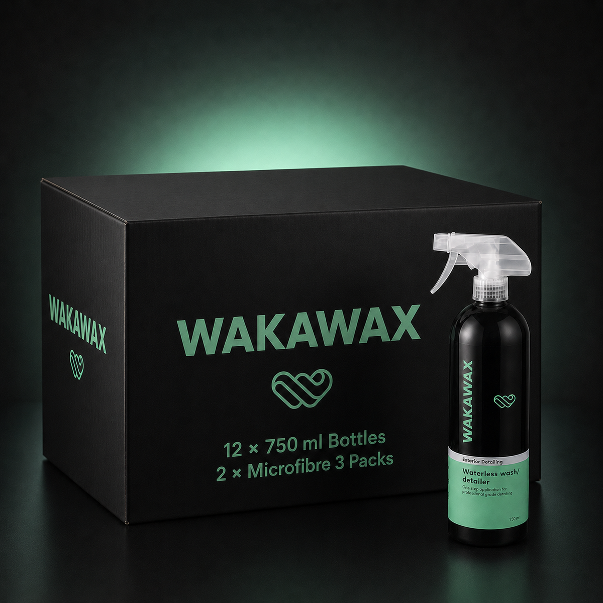 WakaWax waterless car wash business box with twelve 750ml bottles and six microfibre cloths