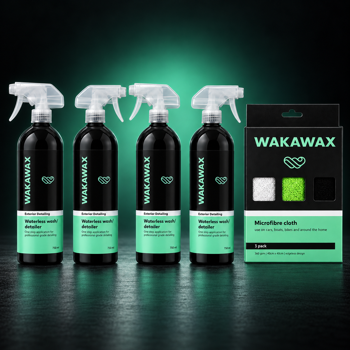 WakaWax waterless car wash starter pack with four 750ml bottles and microfibre cloths