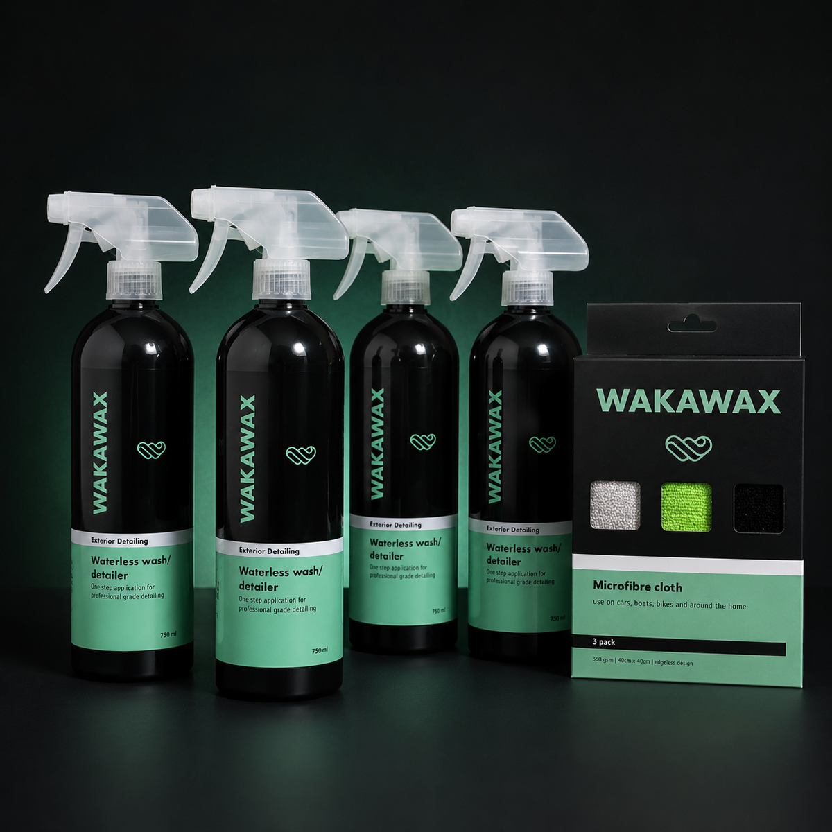 WakaWax waterless car wash starter pack with four 750ml bottles and microfibre cloths